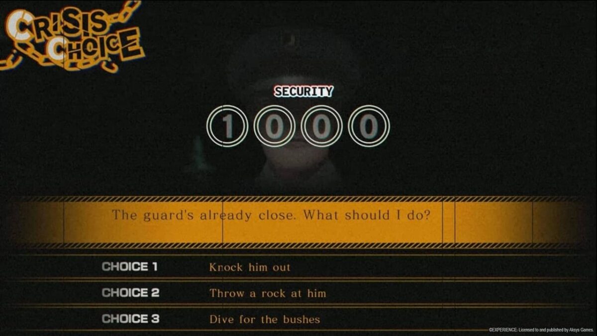 Crisis Choice screen in Spirit Hunter: NG, presenting three options to escape a nearby security guard during a tense moment.