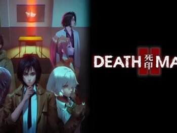 The main cast of Spirit Hunter: Death Mark II stands in a dimly lit room with red light shining down, the game’s logo displayed to the right.