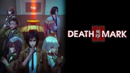 The main cast of Spirit Hunter: Death Mark II stands in a dimly lit room with red light shining down, the game’s logo displayed to the right.