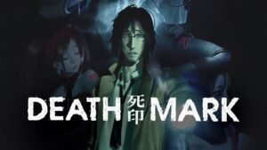 Death Mark official cover art showing the ghostly figure Yashiki looming behind the game's title in bold letters.