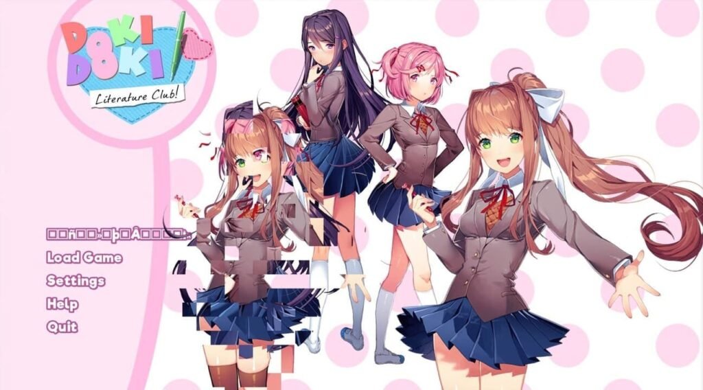 Glitchy distorted title screen of Doki Doki Literature Club! showing the characters with visual glitches and static effects.