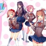 Title screen of Doki Doki Literature Club! showing the main menu and the four smiling club members in front of a pink background.