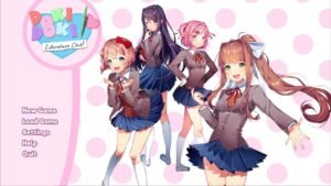 Title screen of Doki Doki Literature Club! showing the main menu and the four smiling club members in front of a pink background.