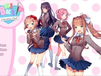 Title screen of Doki Doki Literature Club! showing the main menu and the four smiling club members in front of a pink background.