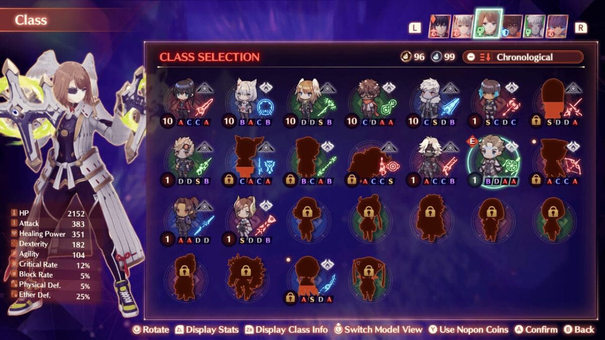Eunie selecting a combat class in Xenoblade Chronicles 3's class menu.
