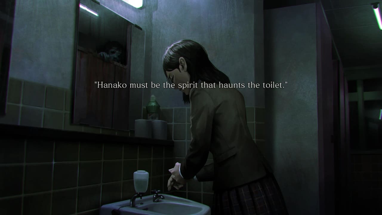 A girl uses the bathroom sink while a ghostly figure peers over a stall in the mirror in Spirit Hunter: Death Mark II.