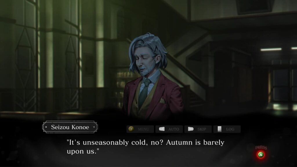 Seizou Konoe stands in the school hallway, remarking on the unseasonable cold in Spirit Hunter: Death Mark II.