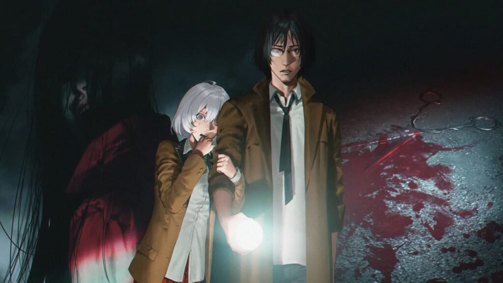 Slit Mouth Kashima looms over Yashiki and Michiho in a tense CG from Spirit Hunter: Death Mark II, with blood and scissors in the background.