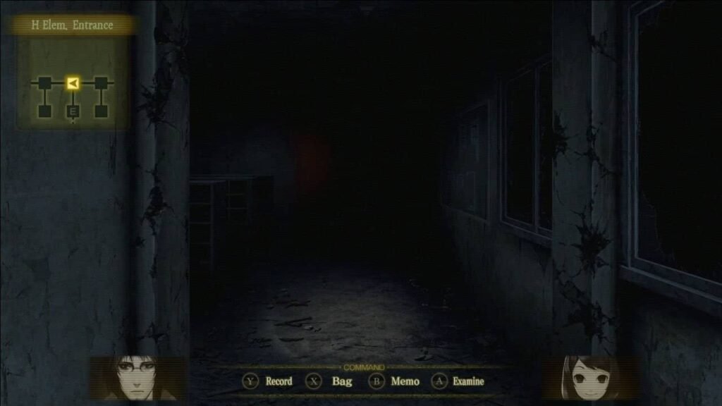 Yashiki and Moe exploring dark hallway in Spirit Hunter: Death Mark