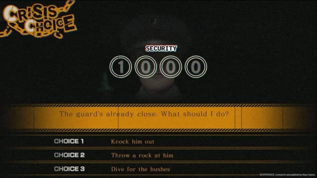 Crisis Choice screen in Spirit Hunter: NG, presenting three options to escape a nearby security guard during a tense moment.