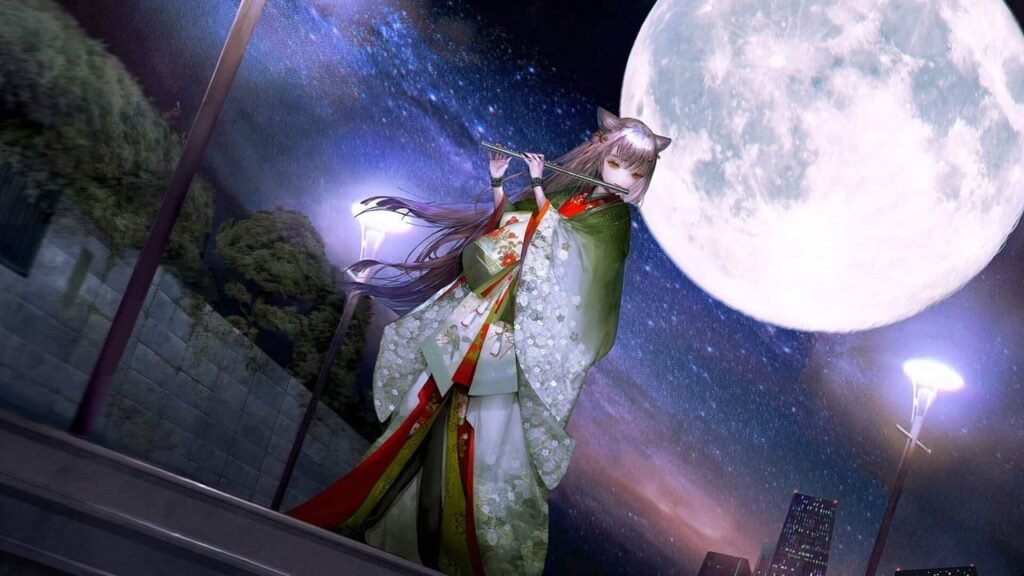 Kakuya plays her flute under the moonlight during her first appearance in Spirit Hunter: NG.