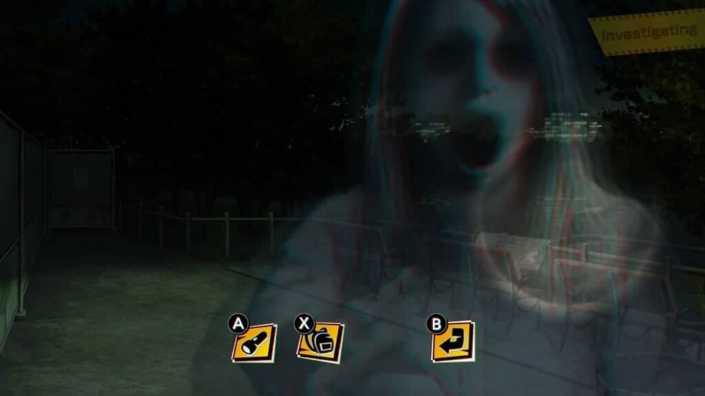 Jump scare moment during the Urashima Woman case in Spirit Hunter: NG, showing the ghost with her mouth open on screen and the investigation UI.