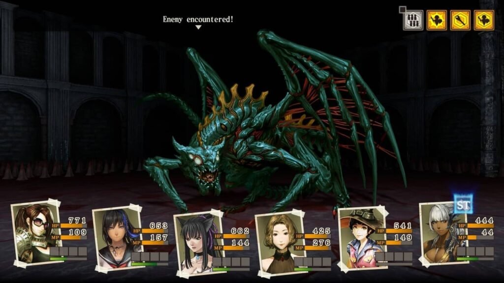 Enemy encounter screen in Undernauts: Labyrinth of Yomi featuring a dragon-like monster facing off against the player’s full party.