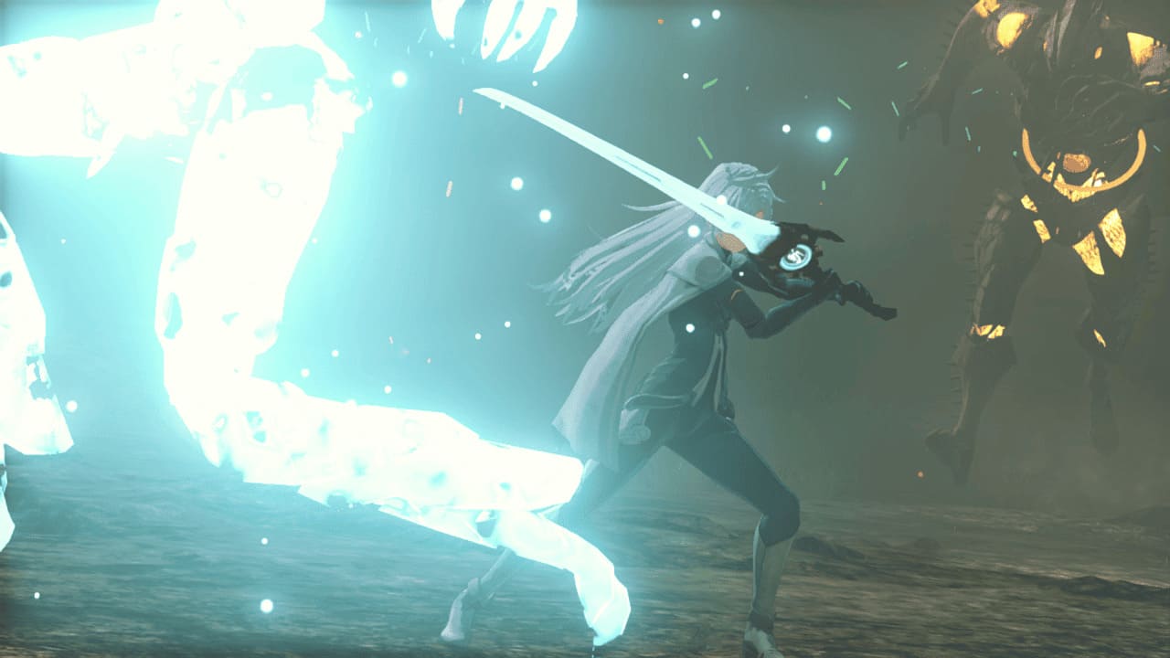 A prepares to strike with her sword during a dramatic cutscene in Future Redeemed