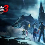 Matthew and the party stand in the snow gazing into the distance, with the Xenoblade Chronicles 3: Future Redeemed logo on the left.