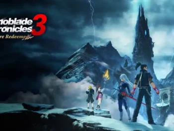 Matthew and the party stand in the snow gazing into the distance, with the Xenoblade Chronicles 3: Future Redeemed logo on the left.