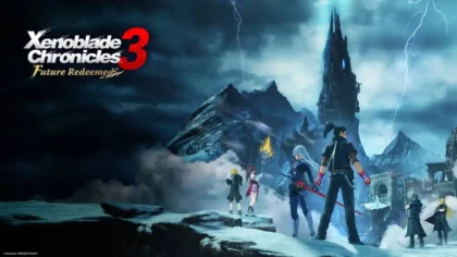 Matthew and the party stand in the snow gazing into the distance, with the Xenoblade Chronicles 3: Future Redeemed logo on the left.