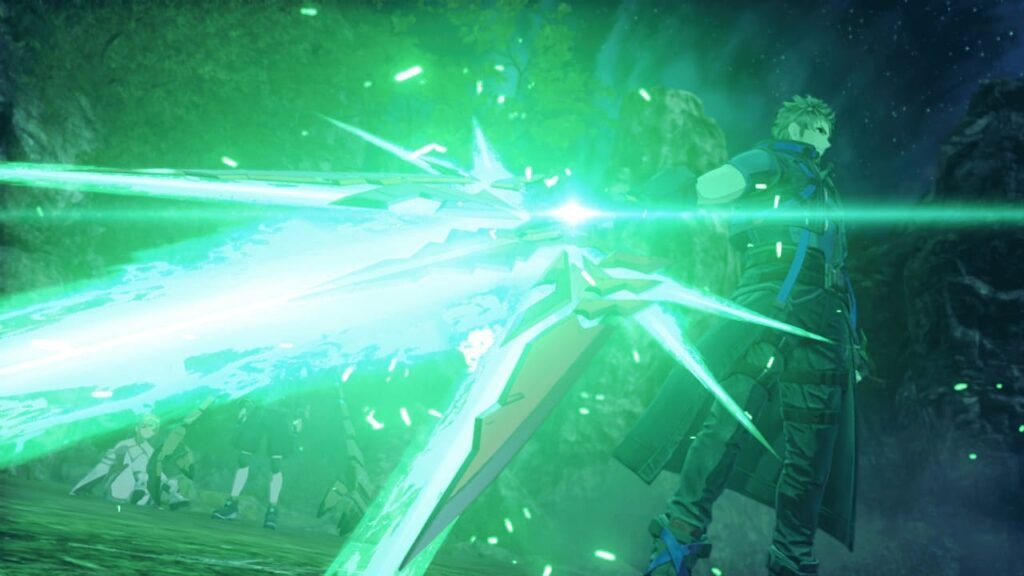 Rex channels energy through his glowing green blade during a climactic cutscene in Future Redeemed.