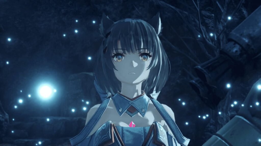 Mio surrounded by glowing fireflies in Xenoblade Chronicles 3 cutscene