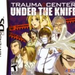 North American box art for Trauma Center: Under the Knife on Nintendo DS, featuring Dr. Derek Stiles with surgical tools and medical motifs.