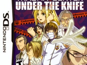 North American box art for Trauma Center: Under the Knife on Nintendo DS, featuring Dr. Derek Stiles with surgical tools and medical motifs.