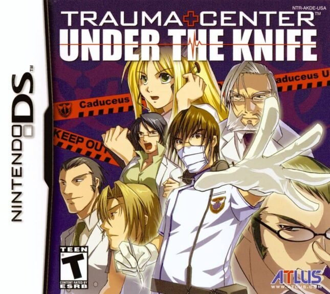 North American box art for Trauma Center: Under the Knife on Nintendo DS, featuring Dr. Derek Stiles with surgical tools and medical motifs.