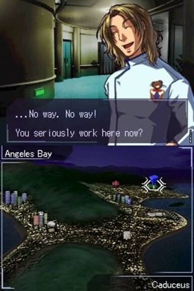 Dialogue scene in Trauma Center: Under the Knife where a character expresses surprise that Derek Stiles works at Caduceus in Angeles Bay.
