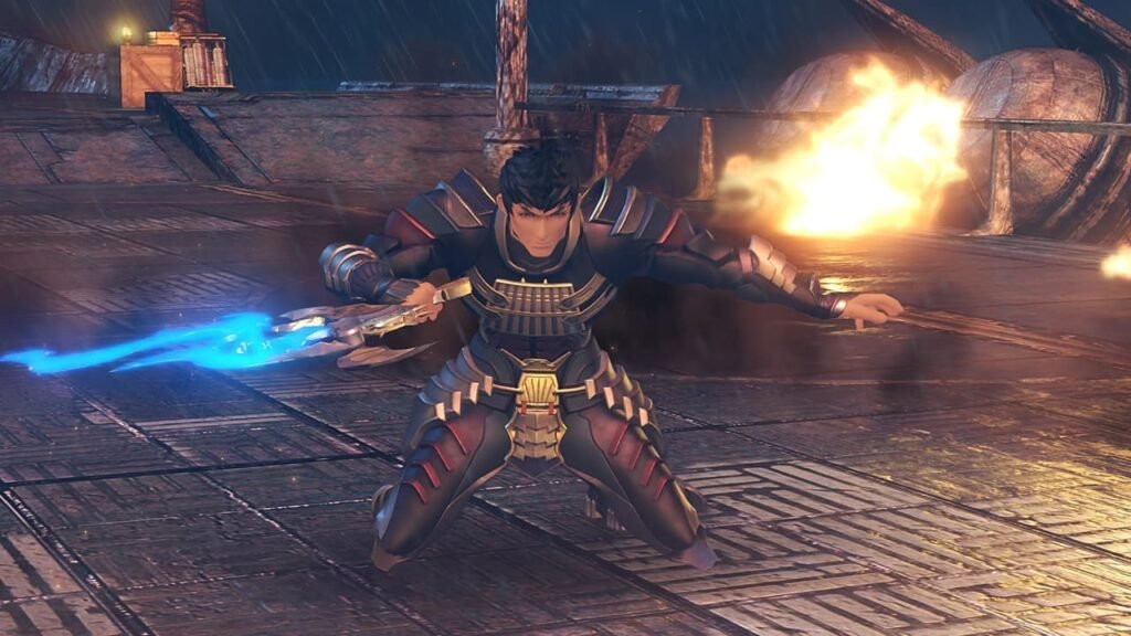 Malos crouching with blades drawn on the ship during early battle in Xenoblade Chronicles 2, with fire blazing in the background.
