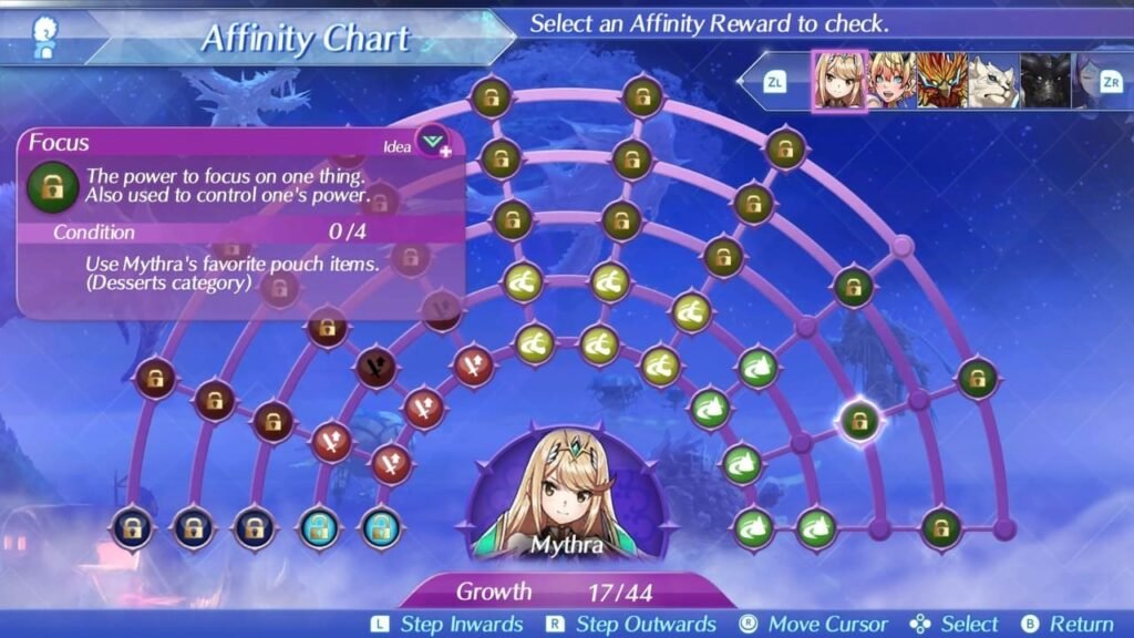 Mythra’s Affinity Ring opened and glowing in Xenoblade Chronicles 2, showcasing intricate design and magical energy.