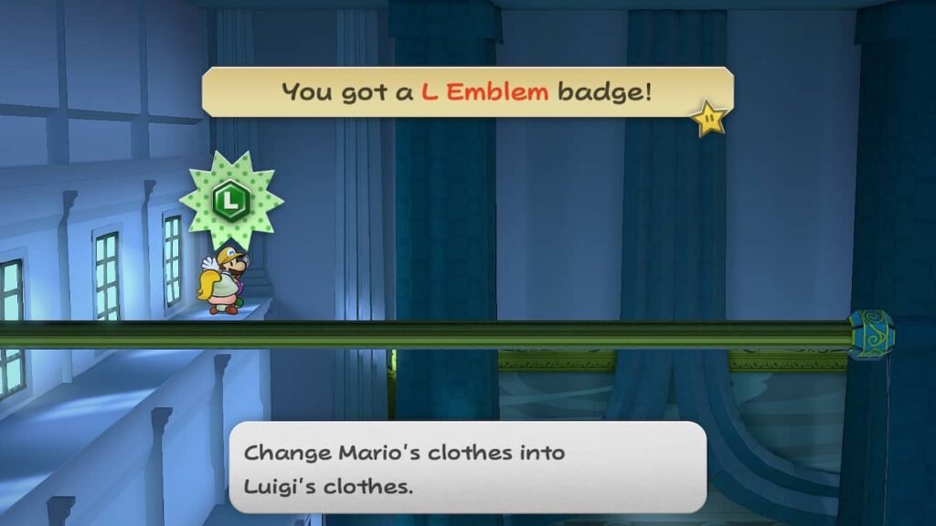 Mario holding up the L Emblem Badge in Paper Mario: The Thousand-Year Door.