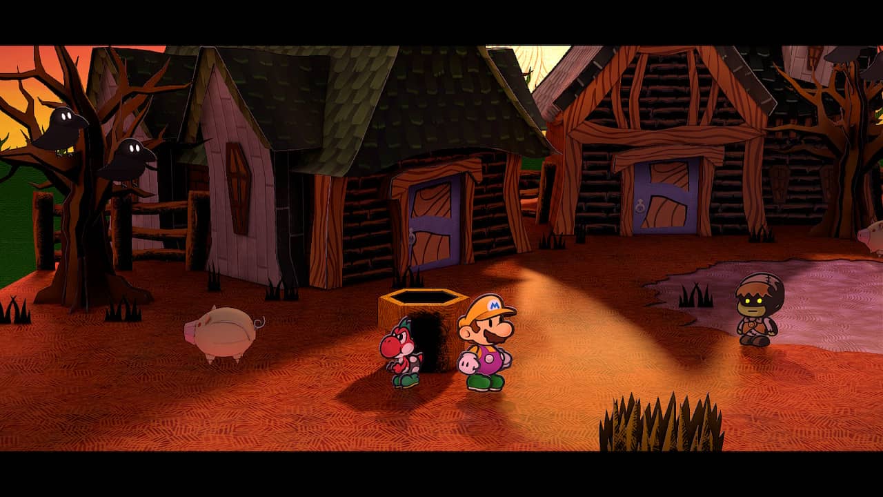 Mario and Yoshi standing next to the pipe leading to Twilight Town in Paper Mario: The Thousand-Year Door.