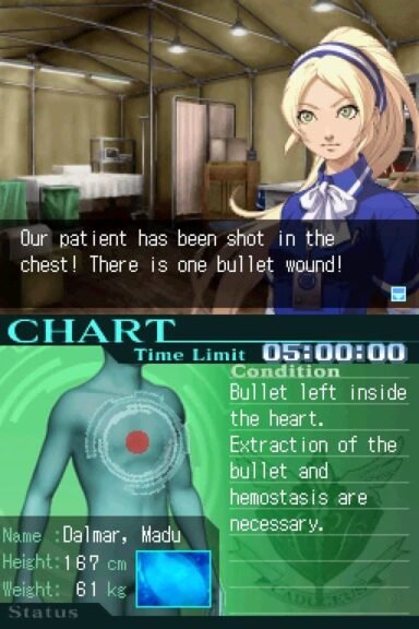 Angie explains the patient has a bullet wound to the chest, while the bottom screen displays a critical heart operation with time and vitals.