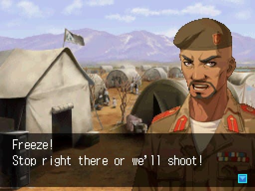 A tense moment in the warzone prologue of Under the Knife 2, where a soldier shouts "Freeze! Stop right there or we'll shoot!"