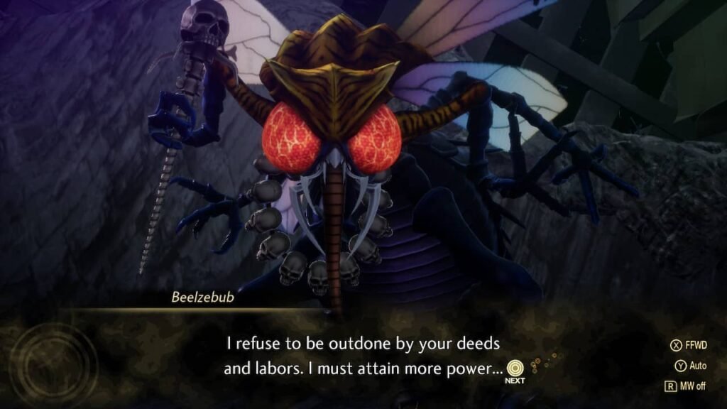 Beelzebub speaking in the Demon Haunt area in Shin Megami Tensei V: Vengeance, vowing to gain more power.