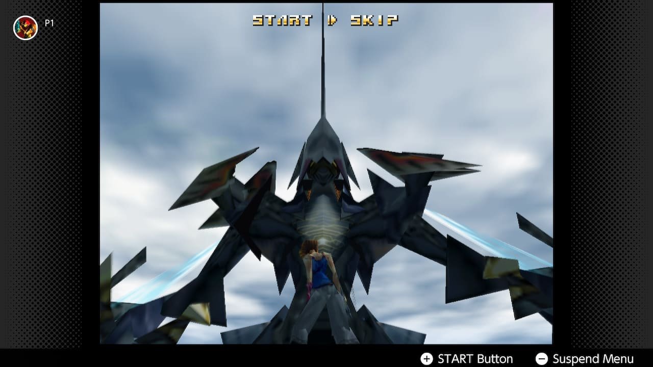 A low-angle shot of Saki facing off against a massive mechanical boss under a cloudy sky in Sin & Punishment