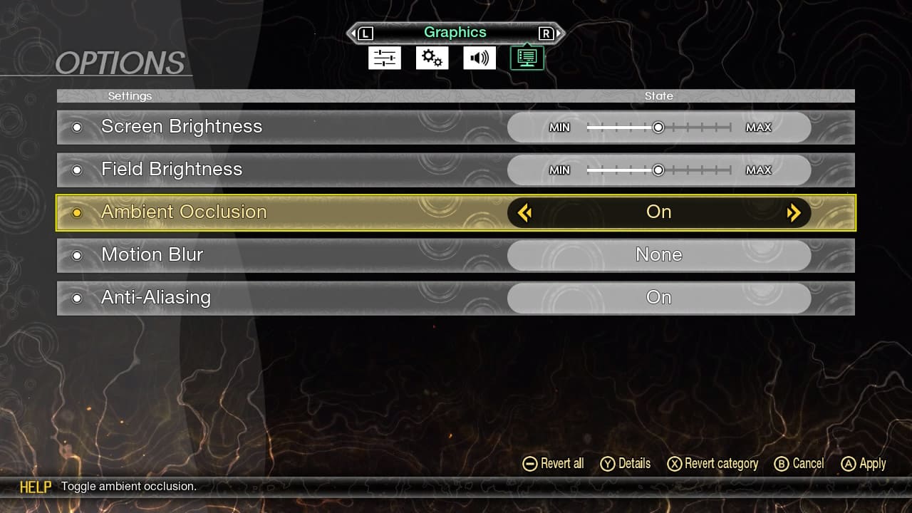 Graphics settings menu in Shin Megami Tensei V: Vengeance on Nintendo Switch, showing options for ambient occlusion, motion blur, and anti-aliasing.