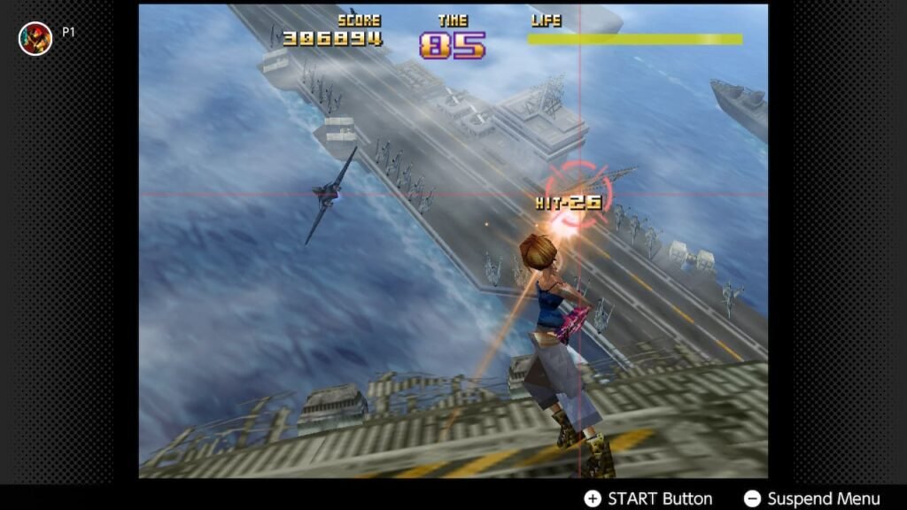 Character standing on broken metal platform in Sin & Punishment, aiming downward at an enemy battleship and shooting incoming jets