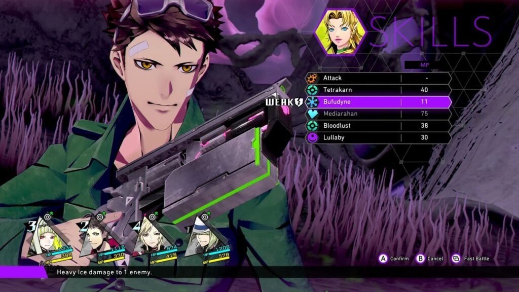Arrow wearing a DLC outfit based on the original Soul Hackers, with attack options displayed in Soul Hackers 2