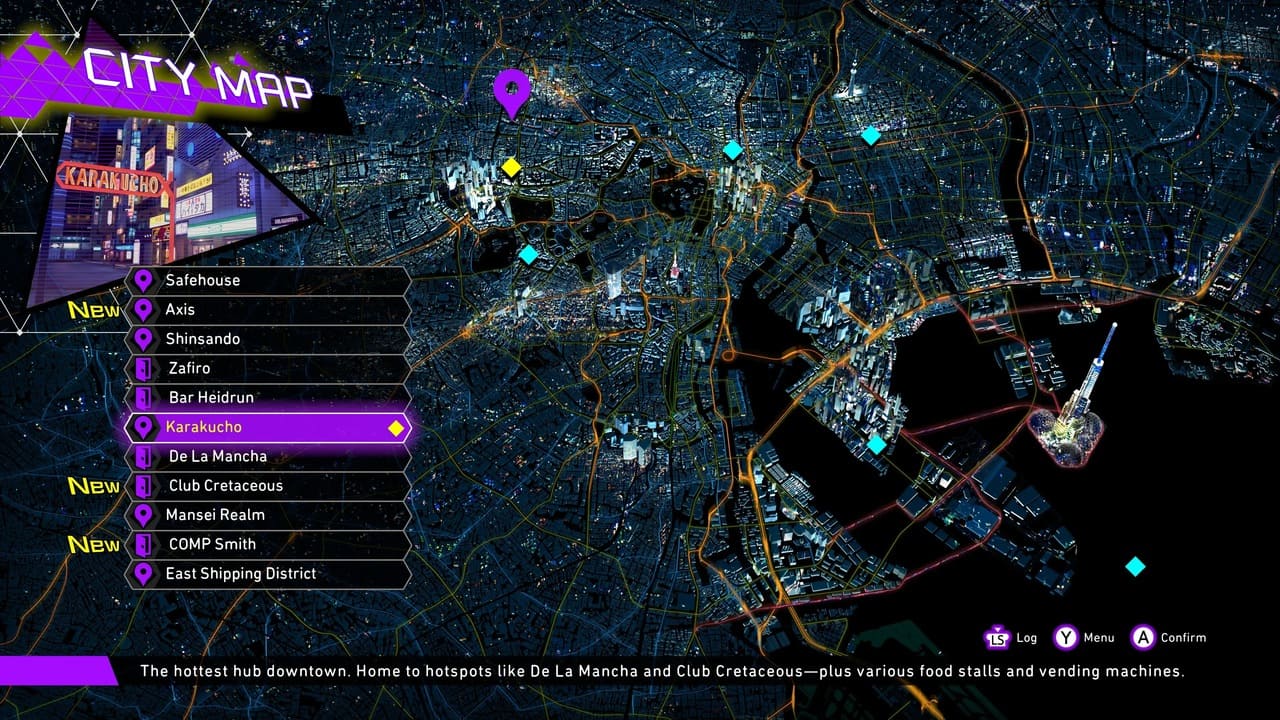 Soul Hackers 2 City Map menu displaying key locations and fast travel points