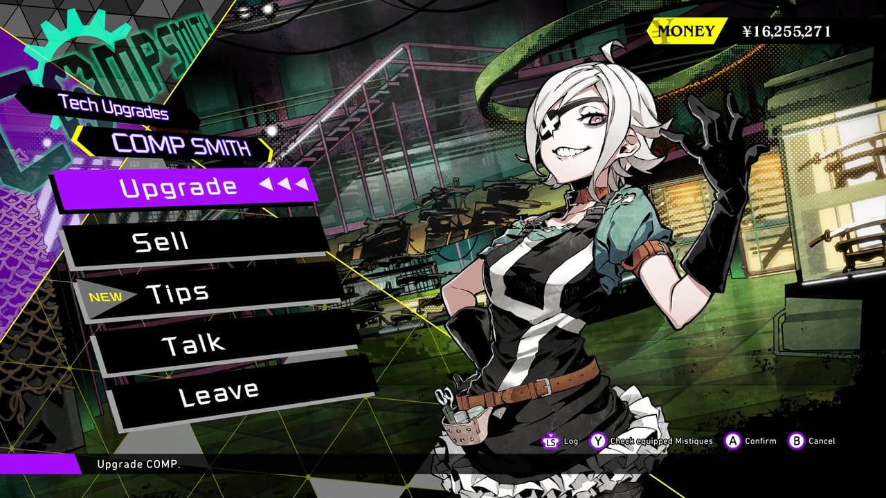 Soul Hackers 2 COMP Smith shop screen showing upgrade options and the COMP Smith NPC