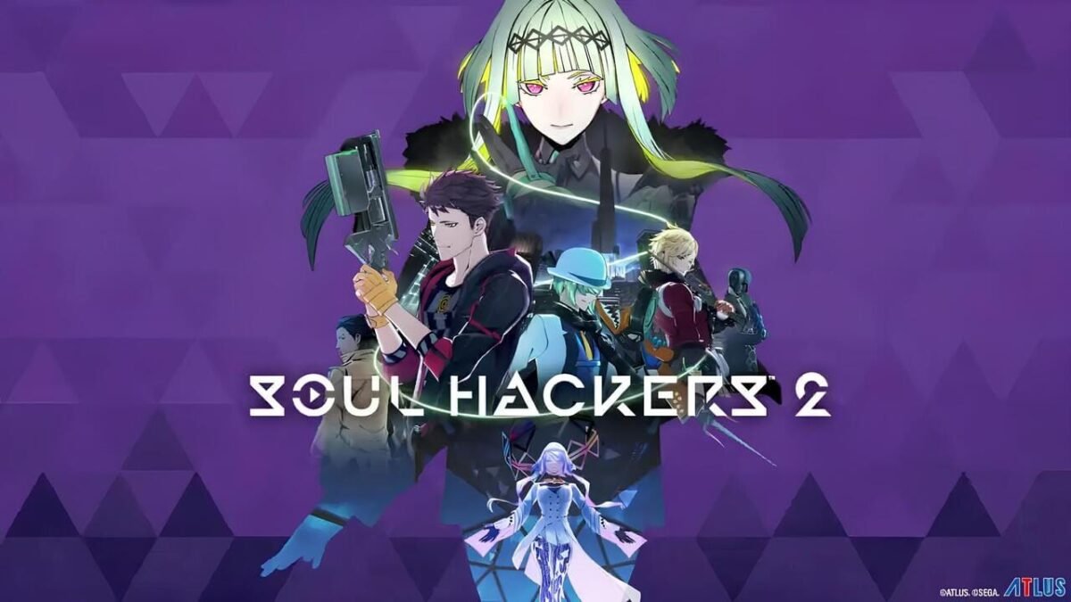 Soul Hackers 2 Review key art featuring Ringo, Arrow, and other party members with the game logo over a deep purple background