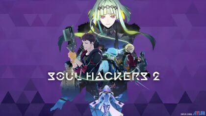 Soul Hackers 2 Review key art featuring Ringo, Arrow, and other party members with the game logo over a deep purple background