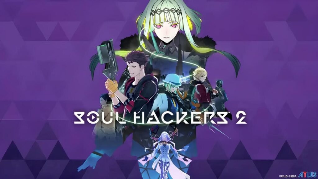 Soul Hackers 2 key art featuring Ringo, Arrow, and other party members with the game logo over a deep purple background