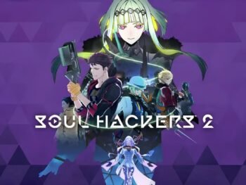 Soul Hackers 2 key art featuring Ringo, Arrow, and other party members with the game logo over a deep purple background