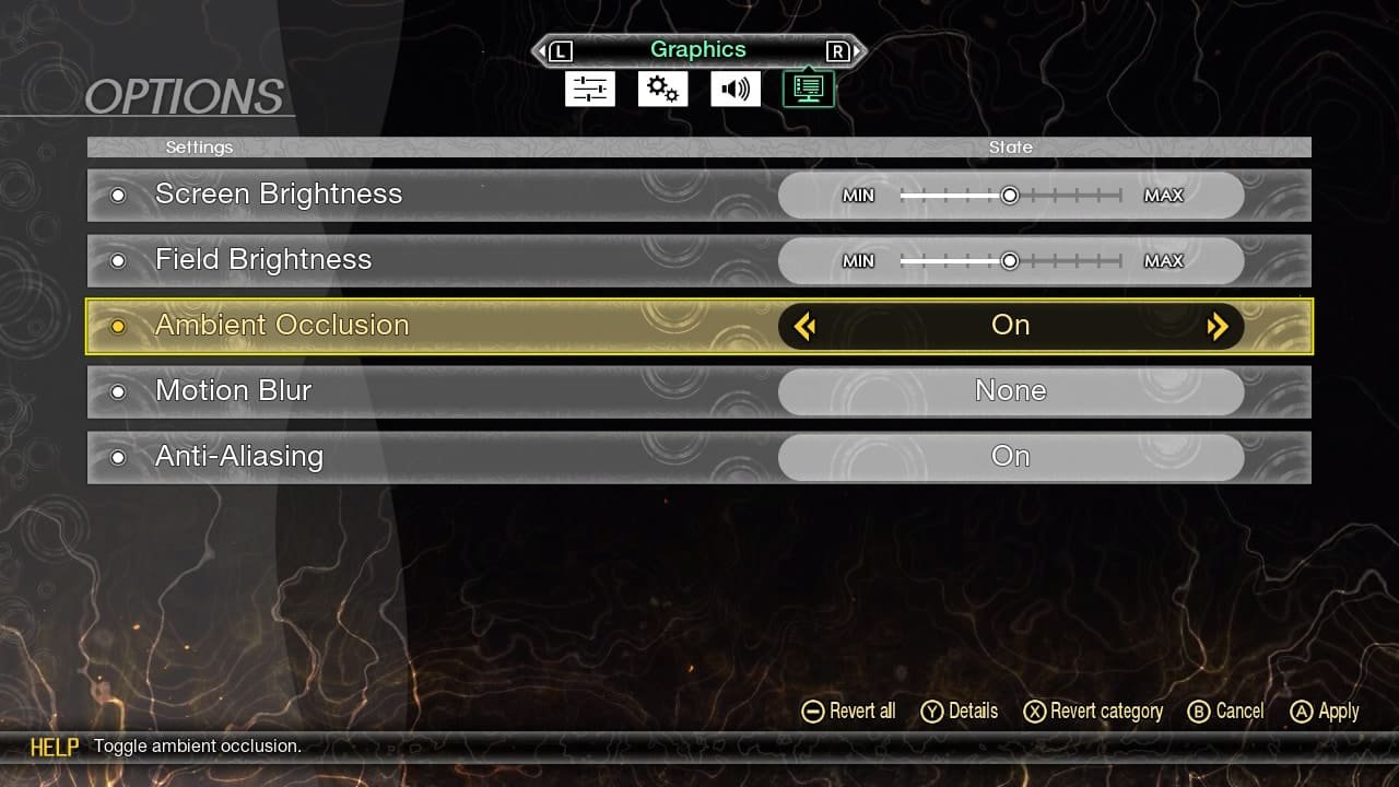 Graphics settings menu in Shin Megami Tensei V: Vengeance on Nintendo Switch, showing options for ambient occlusion, motion blur, and anti-aliasing.