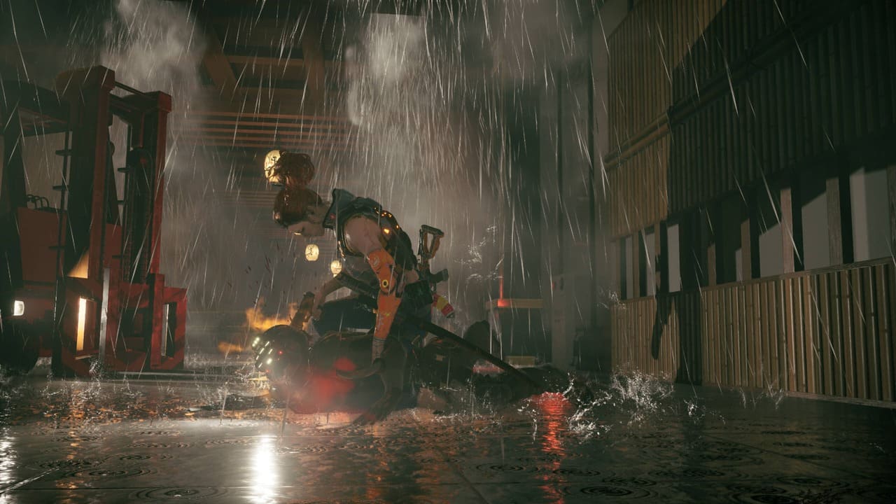 Agent Stone executing an enemy with a suppressed pistol as blood splatters and sprinklers rain from above in Wanted: Dead
