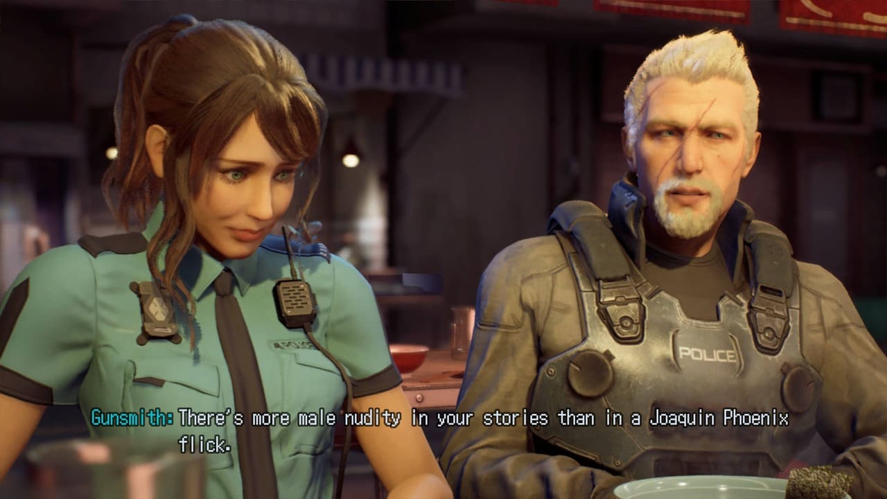 Herzog and Gunsmith in a Wanted: Dead cutscene, with Gunsmith joking about male nudity and Joaquin Phoenix films
