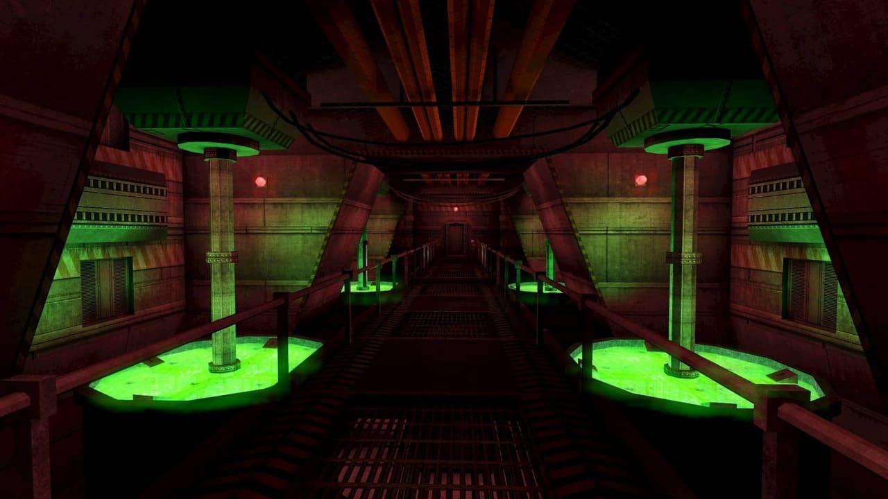 Interior of a building in Deus Ex with dark atmosphere and neon green pools contrasting the architecture