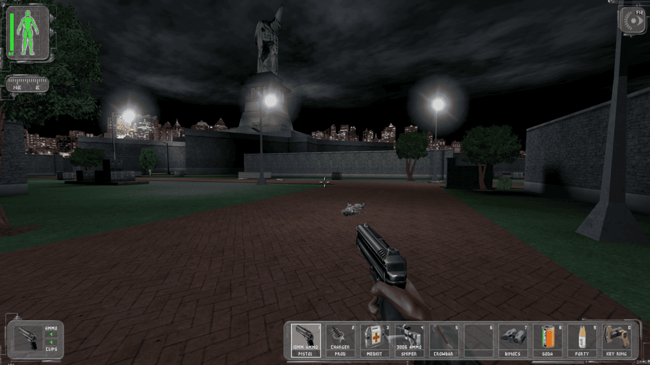 J.C. Denton aiming a handgun in a park with a dead body on the ground and HUD displayed in Deus Ex