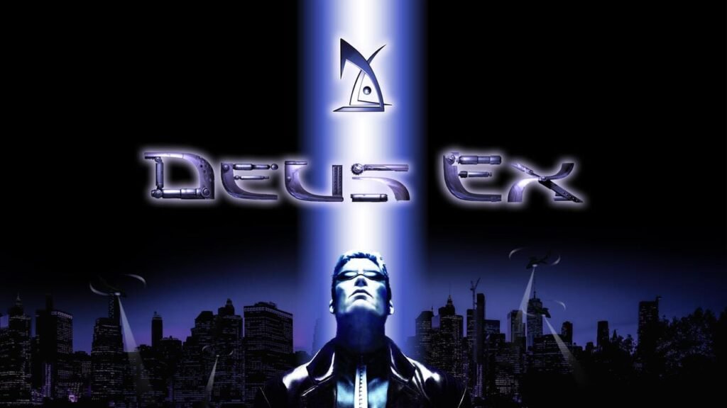 Deus Ex PC box art featuring the iconic cyberpunk cityscape and protagonist J.C. Denton